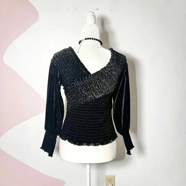 Black Velvet Babydoll Top Medium Smocked Puff Sleeve Whimsigoth Goth - Image 2