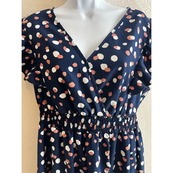 BloomChic Midi Dress Size 10 Navy Blue Polka Dot Ruffle Flutter Sleeve Smocked‎ - Image 2