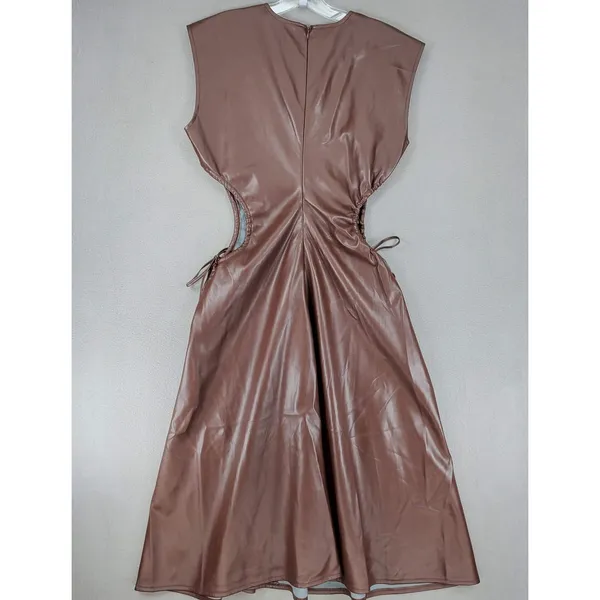 7 For All Mankind Dress Womens S Brown Faux Leather‎ Cutout Midi NEW - Image 7