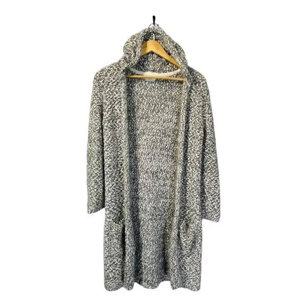 Poof Apparel Cardigan Womens Medium Grey White Hooded‎ Longline Textured Pocket - Image 3