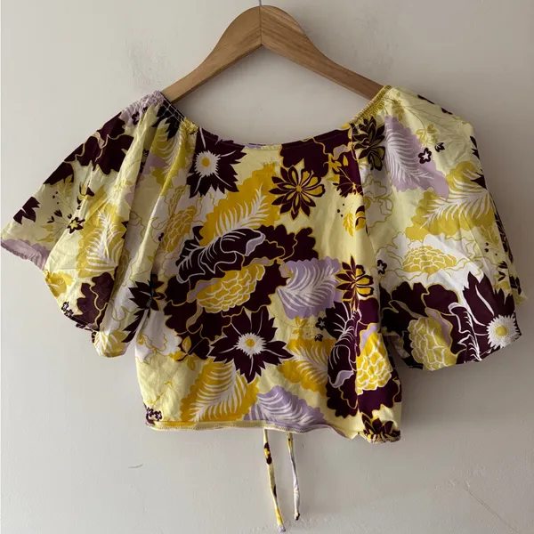 Anthropologie Maeve Cinched Yellow Floral Flutter Sleeve Tie Top‎ Blouse - Image 6