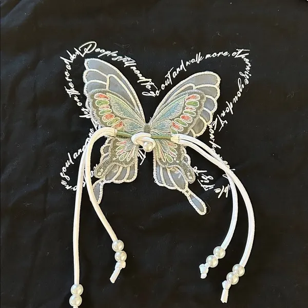 Aelfric Eden Butterfly embroidered Tee shirt with string Pearls, Black, XS, NWT - Image 5