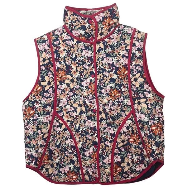 NWT Dokotoo Floral Quilted Puffer Vest Navy Burgundy Trim Snap Front‎ Sz XL - Image 2