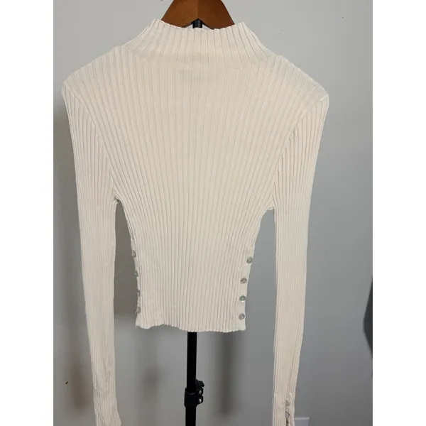 Zara Cream Ribbed Mock Neck Long Sleeve Top with Side Buttons Size M - Image 4