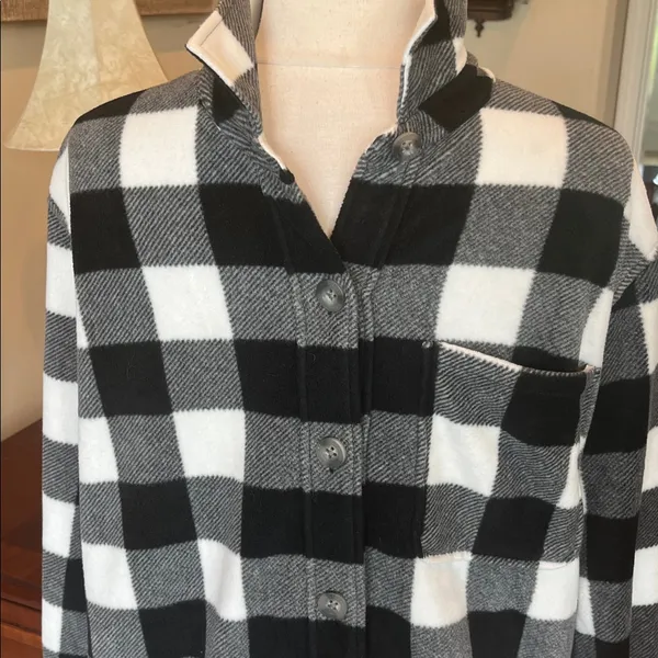 Eddie Bauer Micro fleece Button Up Shirt Black White Buffalo Check Oversized - Image 5