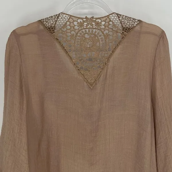 MAD STYLE Womens Boho Blouse Large Brown Crochet Lace Sheer Peasant Top Festival - Image 7