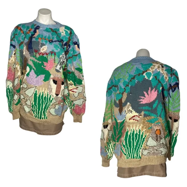 MABEL’S Colorful Sweater Crew Neck Pastel Animals Scenic Novelty Top VINTAGE 80s - Image 7