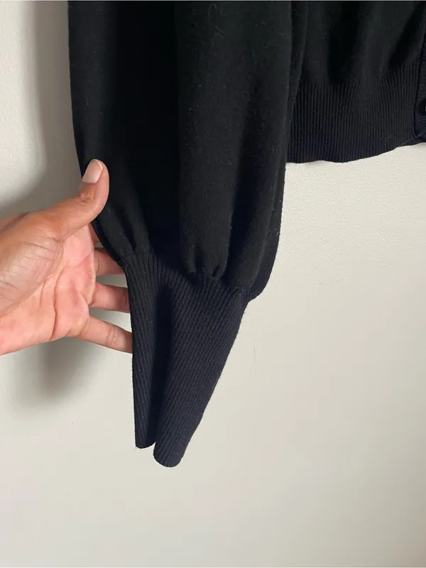 WILFRED Black Button-Front Cropped Puff Sleeve Cardigan Sweater Sz L - Image 3