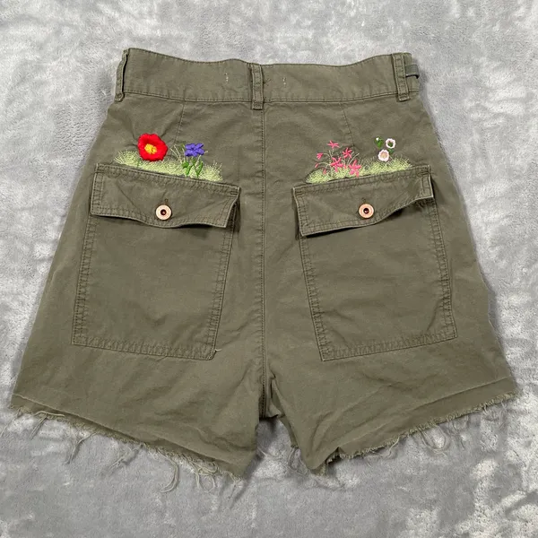 Off White Shorts Womens 26 Green Flower Embroidery Cargo Streetwear Military - Image 2