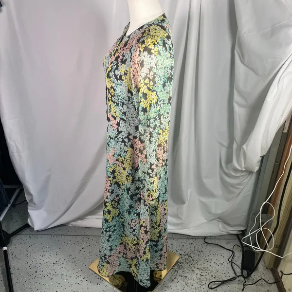 LOFT‎ Size 4 Floral Midi Dress Grey Pastel Button Front Sheer Lined Long Sleeve - Image 8
