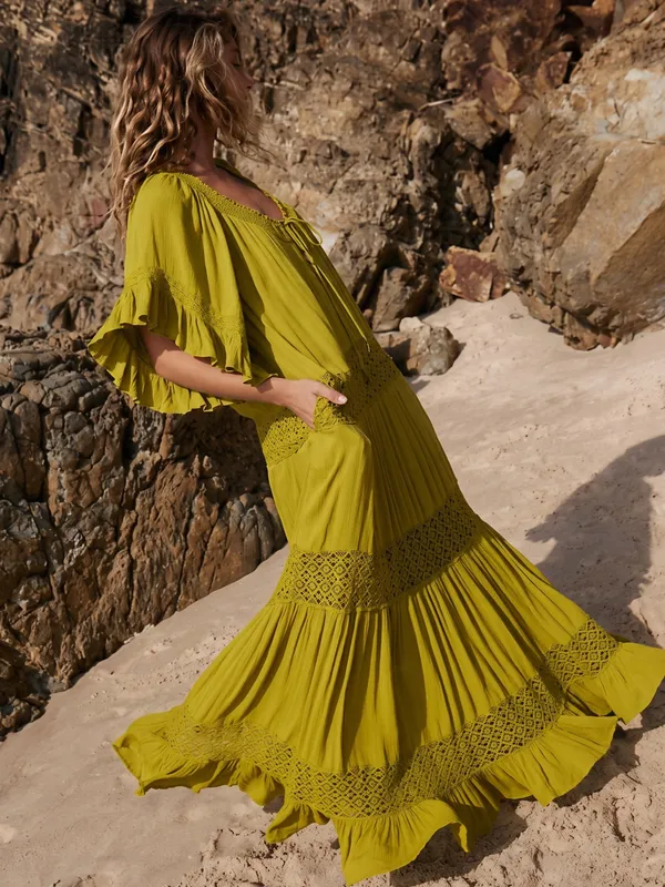 Free People Bohemian Witchy Dream On Maxi Dress Green XS NEW Crochet Gauze - Image 6