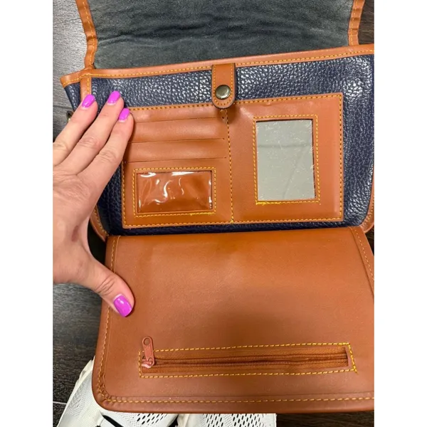Vtg Dooney & Bourke Navy Blue & Tan All Weather Leather Organizer Crossbody Bag - Image 7