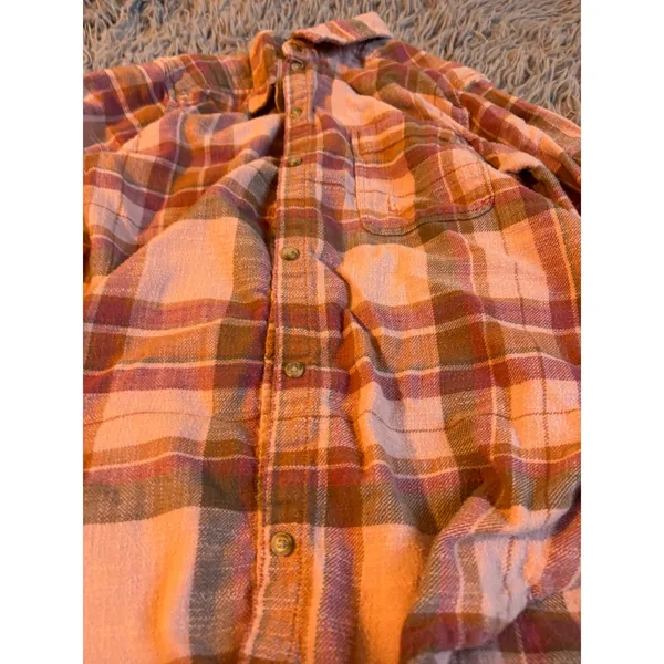 American Eagle Pink Plaid Flannel Shirt‎ Womens Medium Distressed Ripped Elbows - Image 2