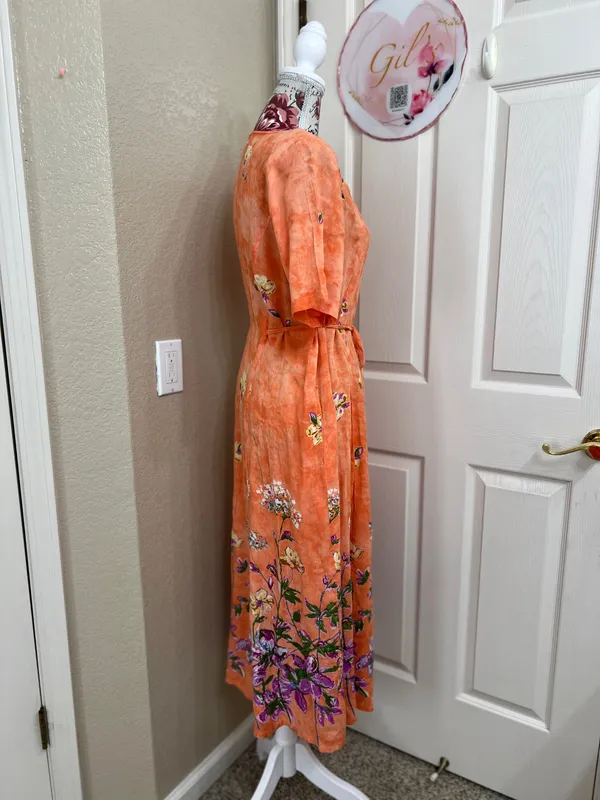 La Cera Orange Floral Button-Front Midi Dress Short Sleeve with Pockets Size M - Image 3