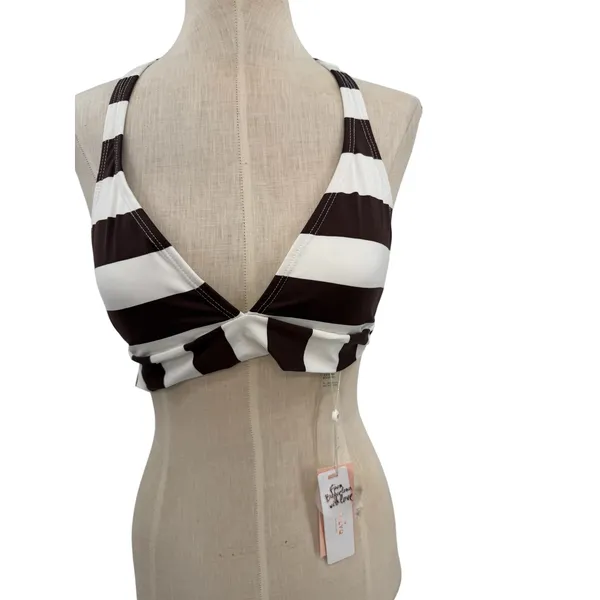 PilyQ Godiva Banded Halter Bikini Top Brown White Stripe NWT‎ Size Large - Image 5