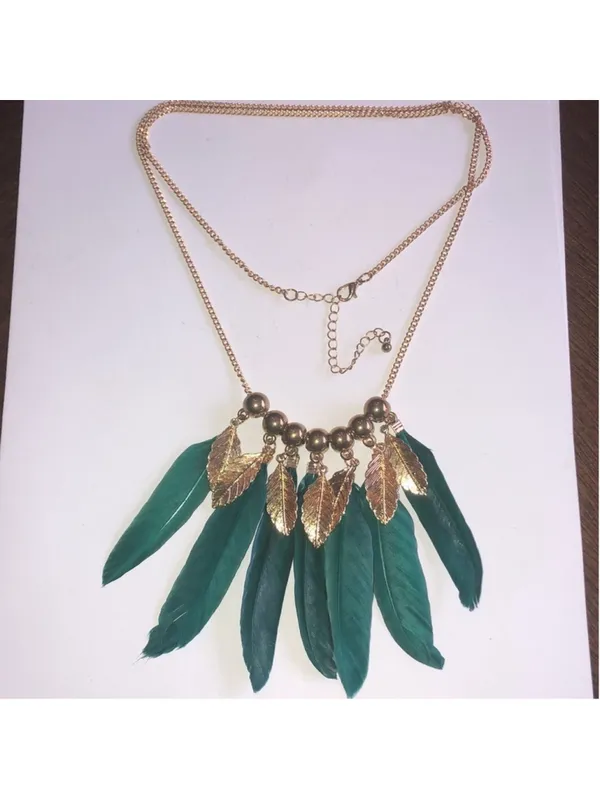 Gold Tone & Green Feather Beaded Boho Statement Necklace - Image 4