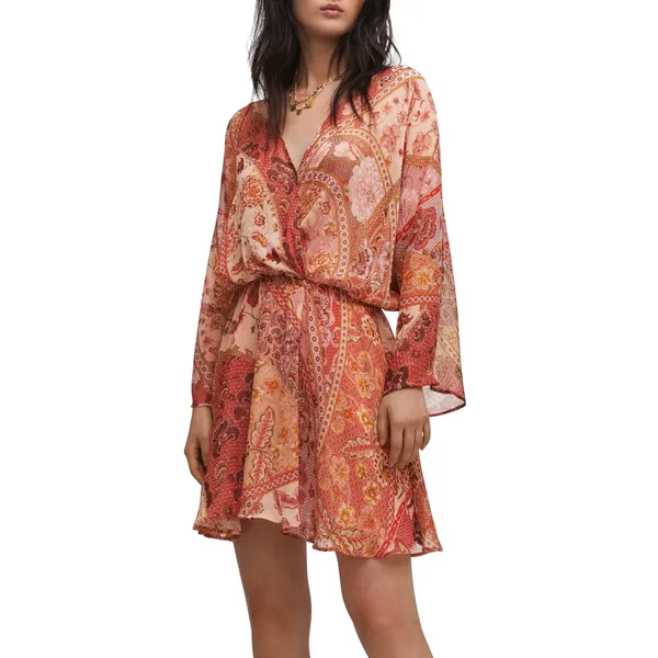 Mango Boho Floral Print Long Sleeve Flowy Chiffon Mini Dress Womens size 4 Small - Image 3