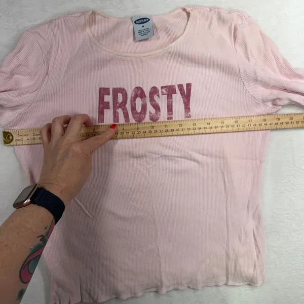 Y2K Vintage Old Navy Size M Long Sleeve Pink Frosty Ribbed Graphic Top 427411 - Image 10