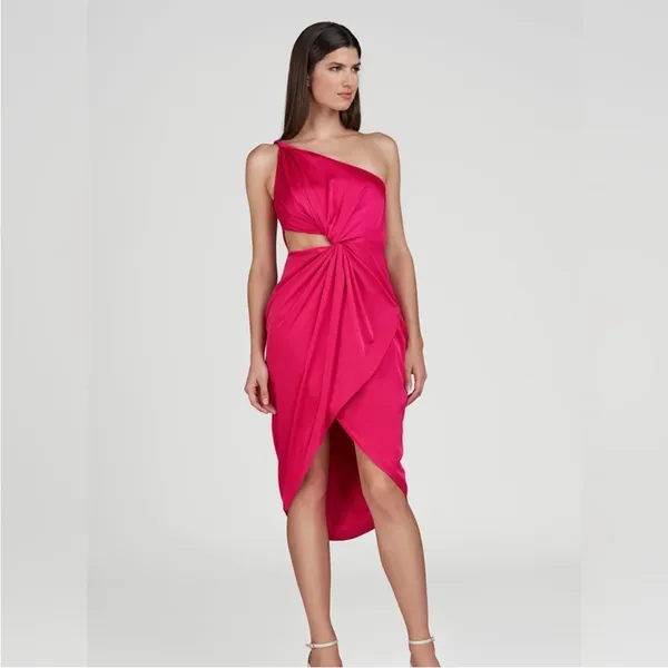 AMUR Deena One Shoulder Midi Dress in Rosie Raspberry‎ Hot Pink Satin Cut Out 4 - Image 3