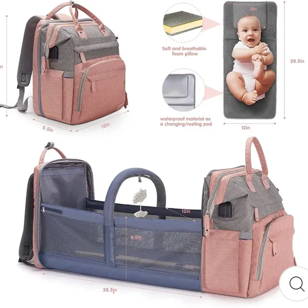 MULTI Compartment diaper bag with changing pad, USB & foldable crib Pink - Image 11
