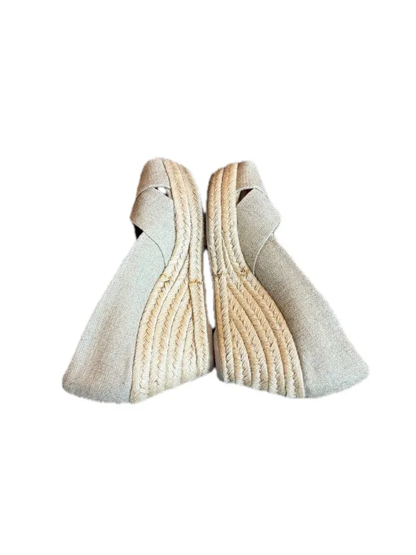 Tory Burch Tan Canvas Peep Toe Espadrille Wedges Platform Stretch Size 9 Women's - Image 8