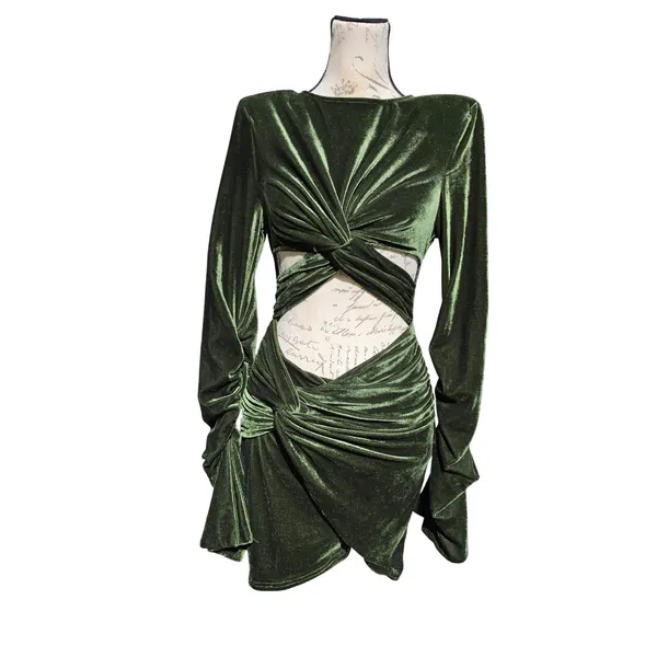 PrettyLittleThing NWT Olive Velvet Twisted Cut Out Ruched Bodycon Dress Size 4 - Image 2