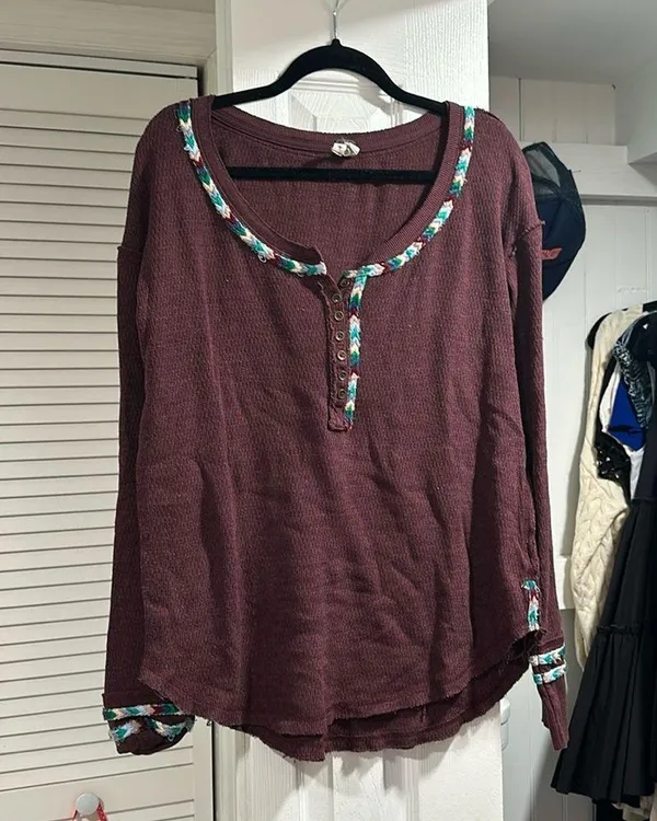We The Free Wine Rainbow Knit Blouse Top Long Sleeve Thin Sweater large - Image 2