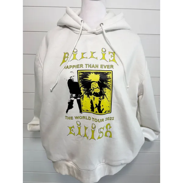 Billie Eilish Happier Than Ever World Tour 2022 Hoodie White Yellow Graphic XL - Image 2