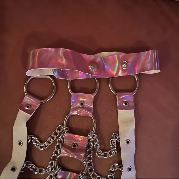 Dolls Kill Pink metallic chain harness and rainbow tube top - Image 5