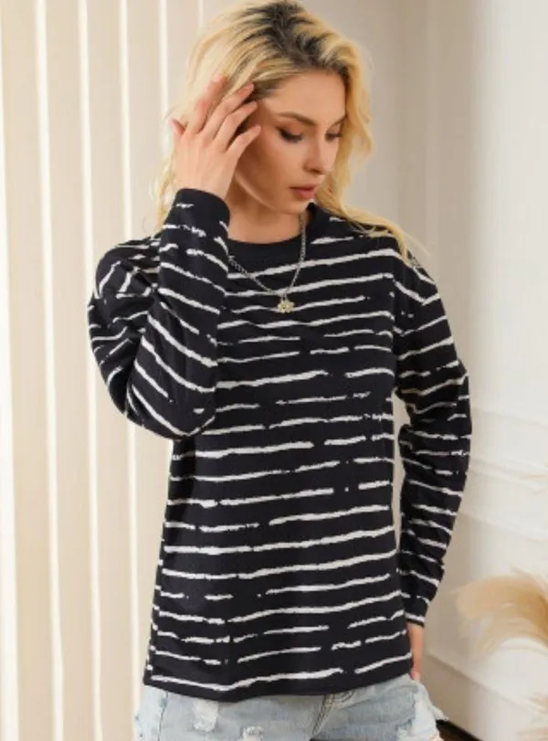 NEW Black Long Sleeve Casual Crewneck Top with White Abstract Stripes - Image 6