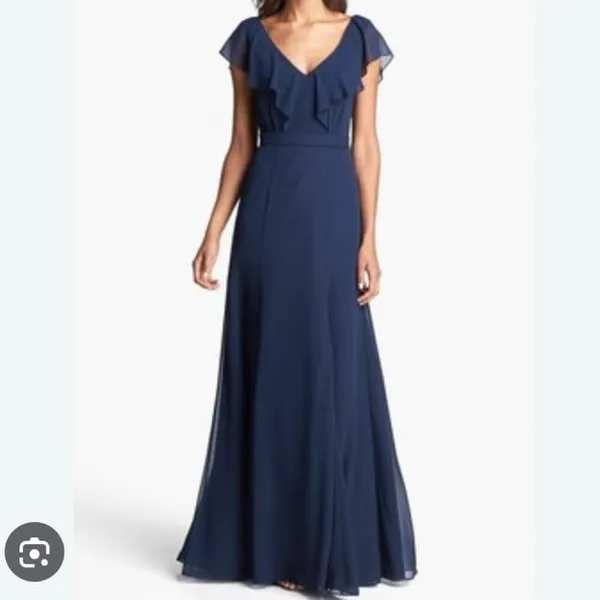 Burgundy Jenny Yoo "Cecilia" Ruffled Chiffon Long Dress - Image 5