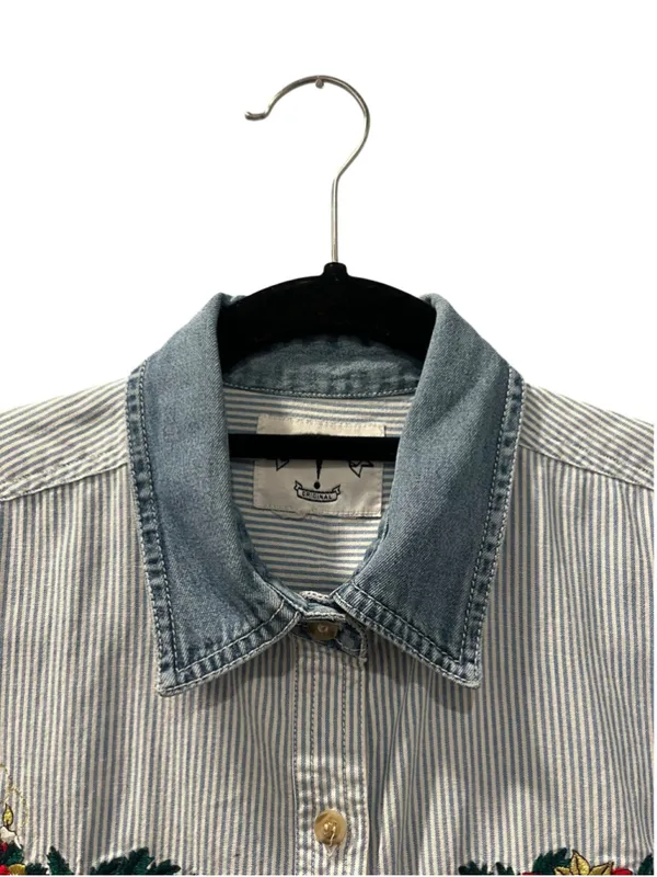 Vintage 90s Christmas Embroidered Button Up Shirt Striped Denim Collar Large - Image 3