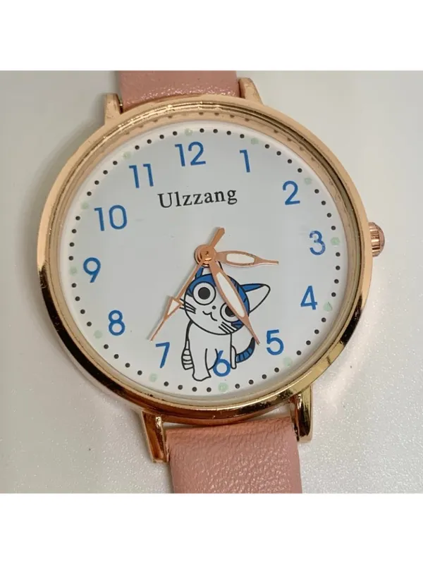 Women’s cat dial gold tone women’s watch 32mm quartz analog pink leather running - Image 3