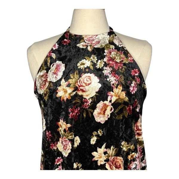 Final Touch Floral Velvet Dress Womens Large Black Halter Neck‎ Mini Shift USA - Image 3