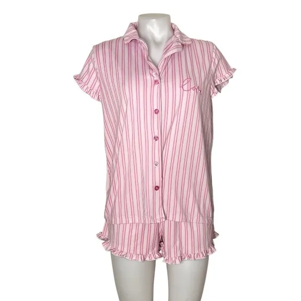 LAURA ASHLEY Pajamas Two Piece Short Sleeve Shorts Pink Stripe Size Medium - Image 2