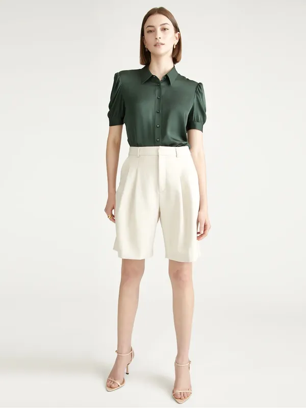 Quince Washable Stretch Silk Puff Sleeve Blouse Forest Green Sz M Contemporary - Image 2