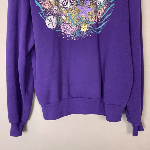 Vintage 90s Sweatshirt Seashells Glitter Gold‎ Ocean Women Size Large Purple Top - Image 4