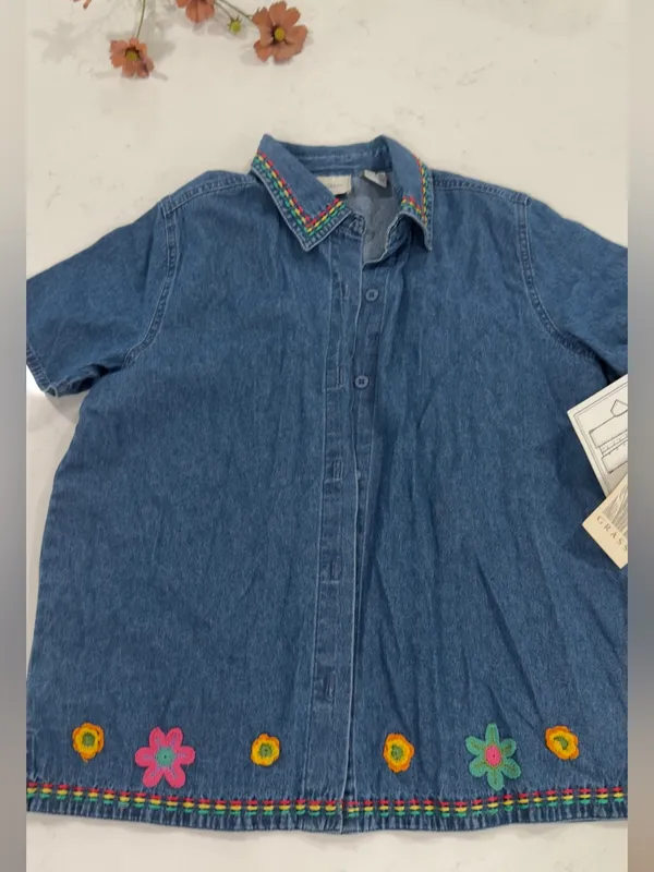 Vintage Embroidered Blue Denim Button-Up Shirt - Image 3