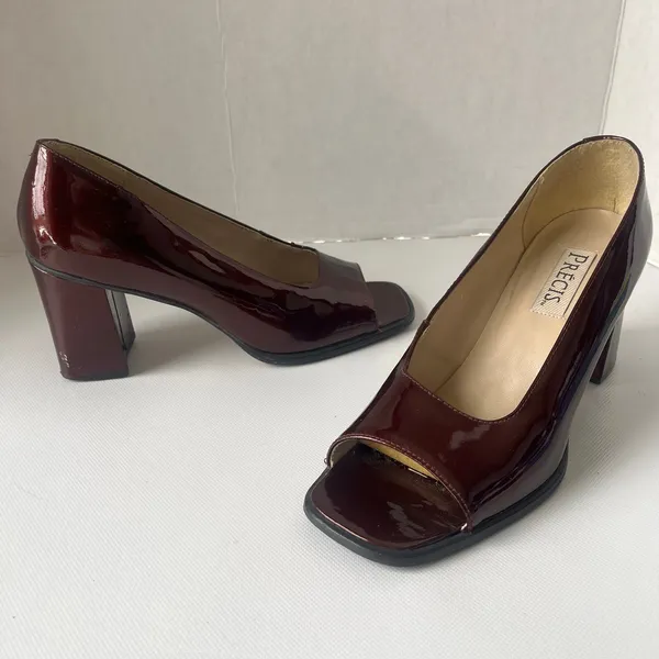 Vtg Precis 90s Patent Peep Toe Womens Shoes Sz 7.5 Chunky Heel Retro Y2K Square - Image 15