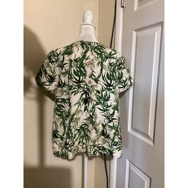 J. Jill Womens Green Bamboo Print Linen Blend Button Back Top Blouse Medium - Image 3
