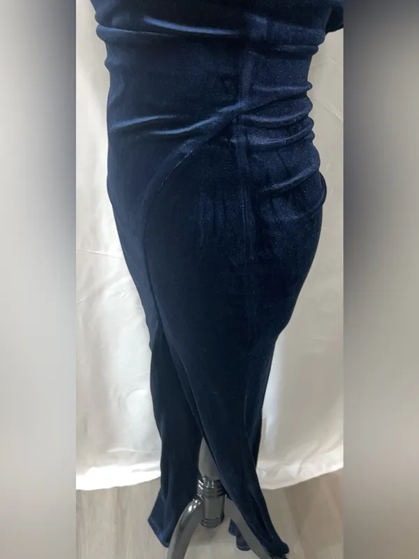 Crystal Doll Navy Velvet Off The Shoulder Formal Maxi Evening Gown Dress Size 1 - Image 4