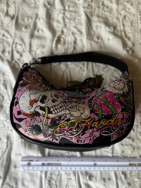 Ed Hardy Black & Pink Skull Rose Hobo Bag - Image 5