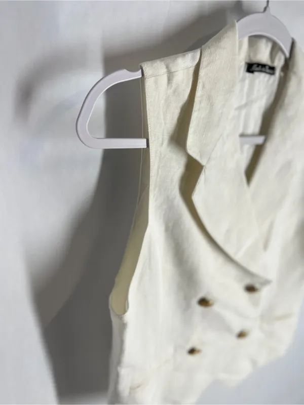 Vintage 90s Ivory Linen Blend Double Breasted Vest Gold Buttons M - Image 4