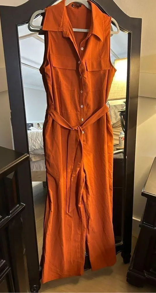 NEW Jumpsuit Dressy Casual Sleeveless Button Up Belted L - Image 5