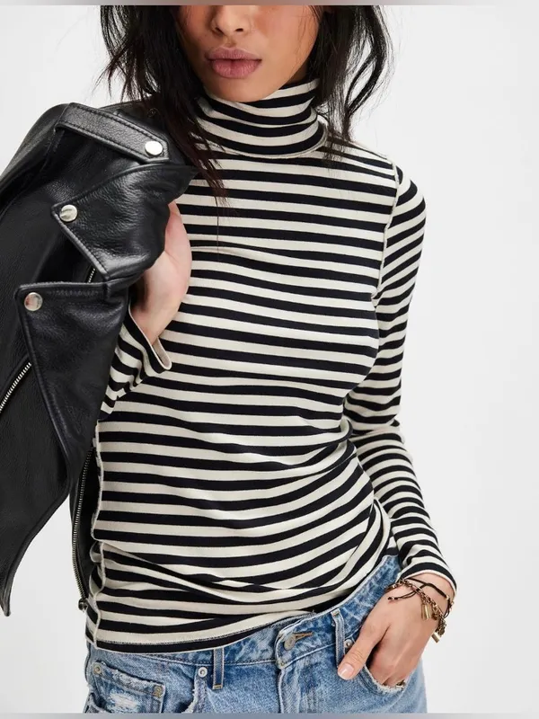 NWOT Free People We The Free Good Good Stripe Turtleneck- black ivory combo - XS - Image 3