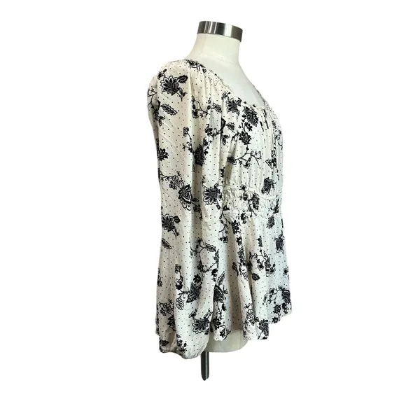 Torrid Peasant‎ Blouse Size 2 Smocked Waist Long Sleeve Floral Black White - Image 3