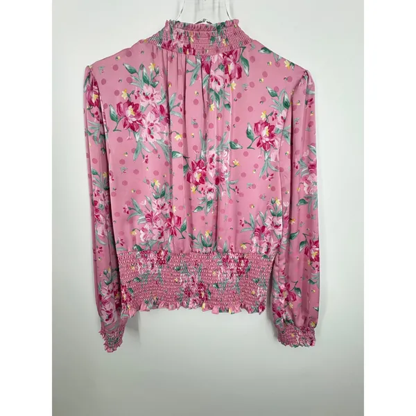 Wayf blouse women's large smocked high neck satin floral balloon sleeve pink - Image 4