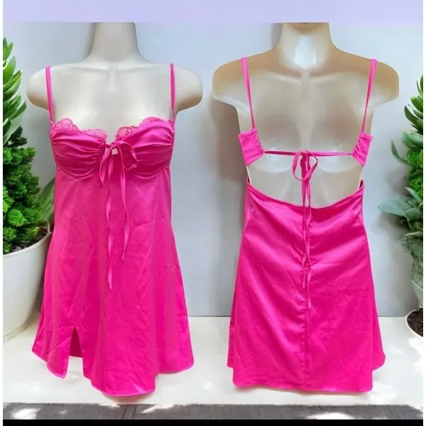 Hot Pink Satin Lace Slip Mini Dress NWT Size Small Ruched Spaghetti Strap Party - Image 2
