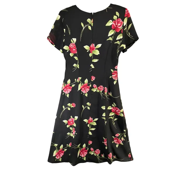 Vintage 90s Dawn Joy Floral Midi Dress Womens 5/6 Black Red Rose Romantic Goth - Image 6