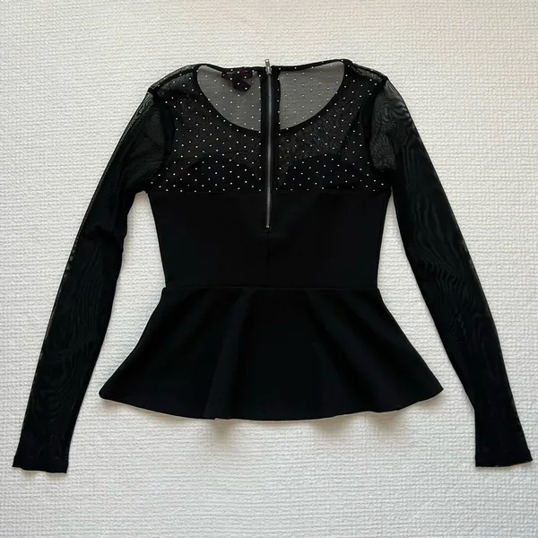 Material Girl Top Black Peplum Blouse Sz S Mesh SL Ruffle Bottom - Holiday - Image 5